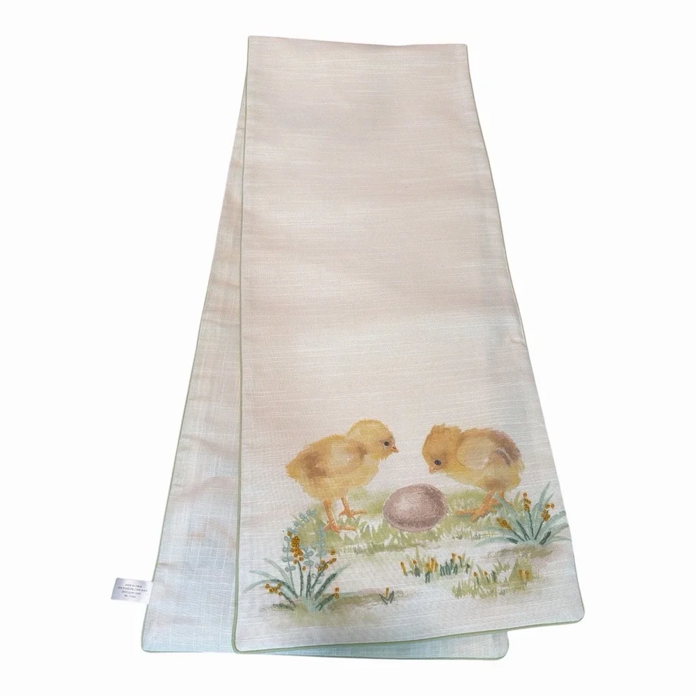 Table Runner Beige Spring Chicks Yellow Green Embroidered 70